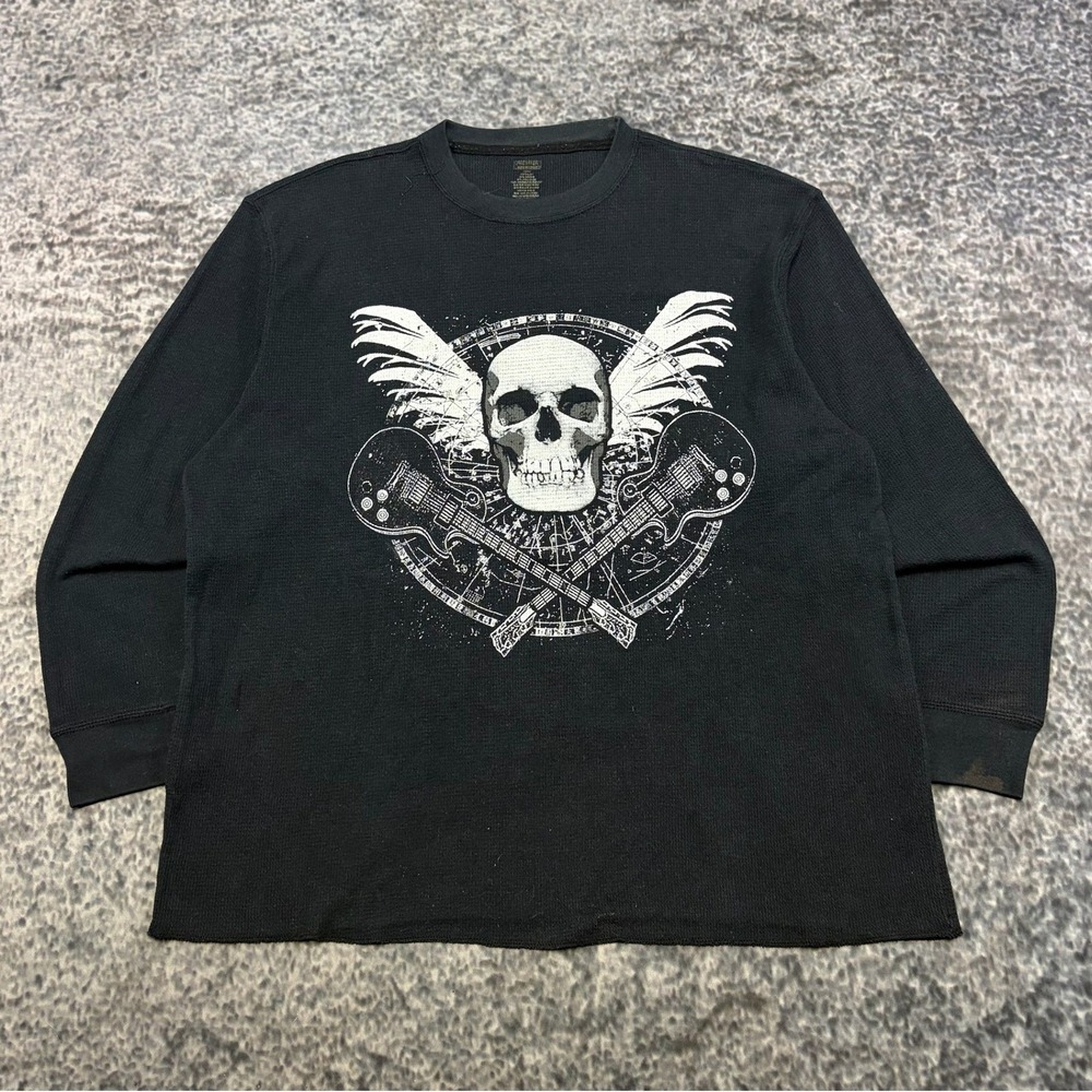 VTG Y2K Premier Long Sleeve Thermal Shirt Mens Large Black Skull Wings Grunge